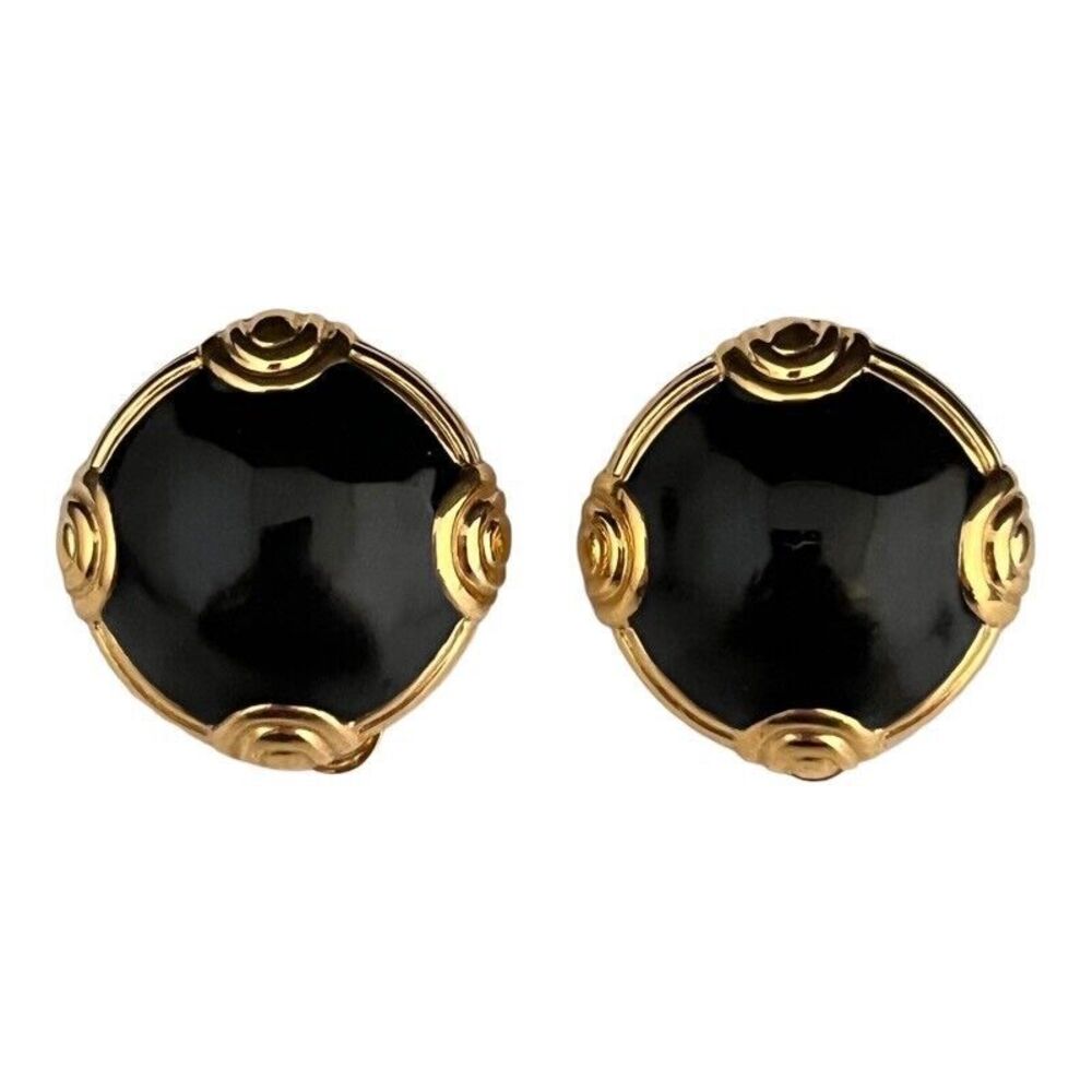 Vintage 1990s Swarovski Swan Black Enamel Earrings Gold Tone Clip On - 6W
